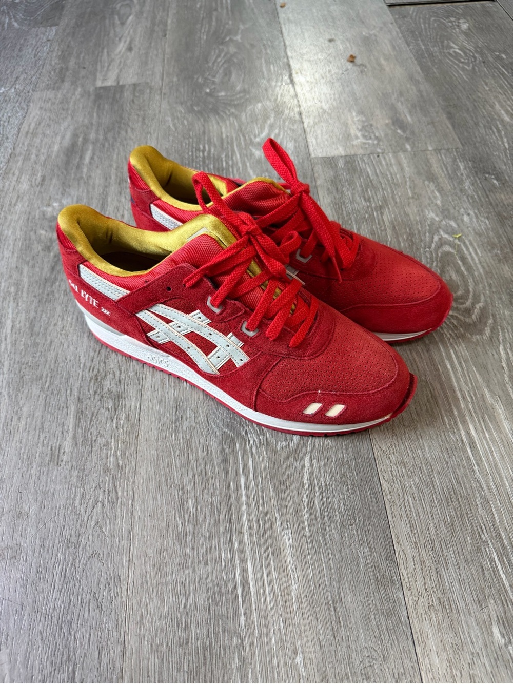 ASICS Red & White Suede Athletic Sneakers with Yellow Lining